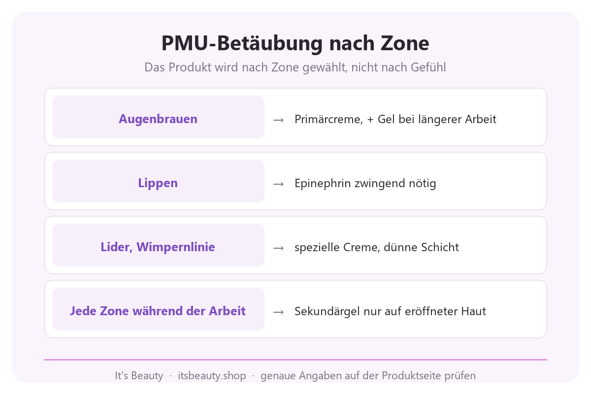Infografik: PMU-Betäubung nach Zone. Augenbrauen, Primärcreme, bei Bedarf Gel. Lippen, Epinephrin zwingend. Lider und Wimpernlinie, spezielle Creme, dünne Schicht. Jede Zone während der Arbeit, Sekundärgel nur auf eröffneter Haut