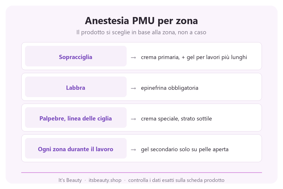 Infografica: anestesia PMU per zona. Sopracciglia, crema primaria, gel se necessario. Labbra, epinefrina obbligatoria. Palpebre e linea delle ciglia, crema speciale, strato sottile. Ogni zona durante il lavoro, gel secondario solo su pelle aperta