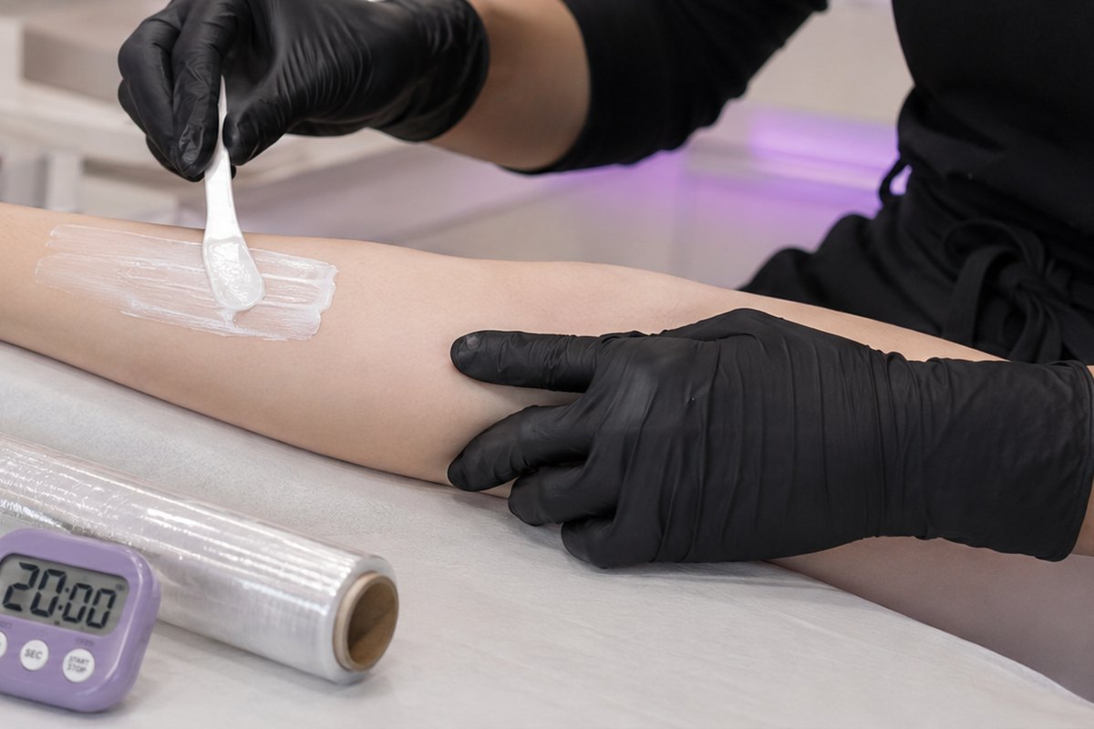 Ein Master in schwarzen Handschuhen trägt Betäubungscreme mit einem Spatel auf den Unterarm einer Kundin auf, daneben liegen Folie und ein Timer