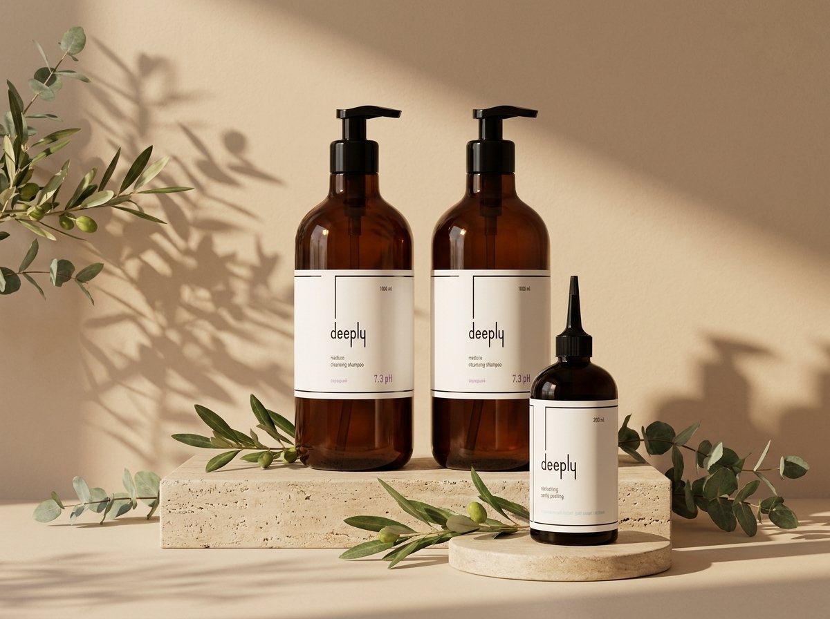 Technické šampóny Deeply 1000 ml a peeling na pokožku hlavy na travertínovom podstavci