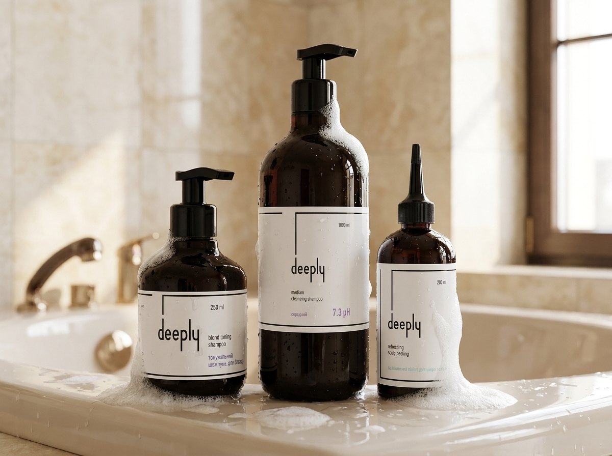 Technické šampóny Deeply 7,3 pH a 8,0 pH a peeling pokožky hlavy pri umývadle v salóne