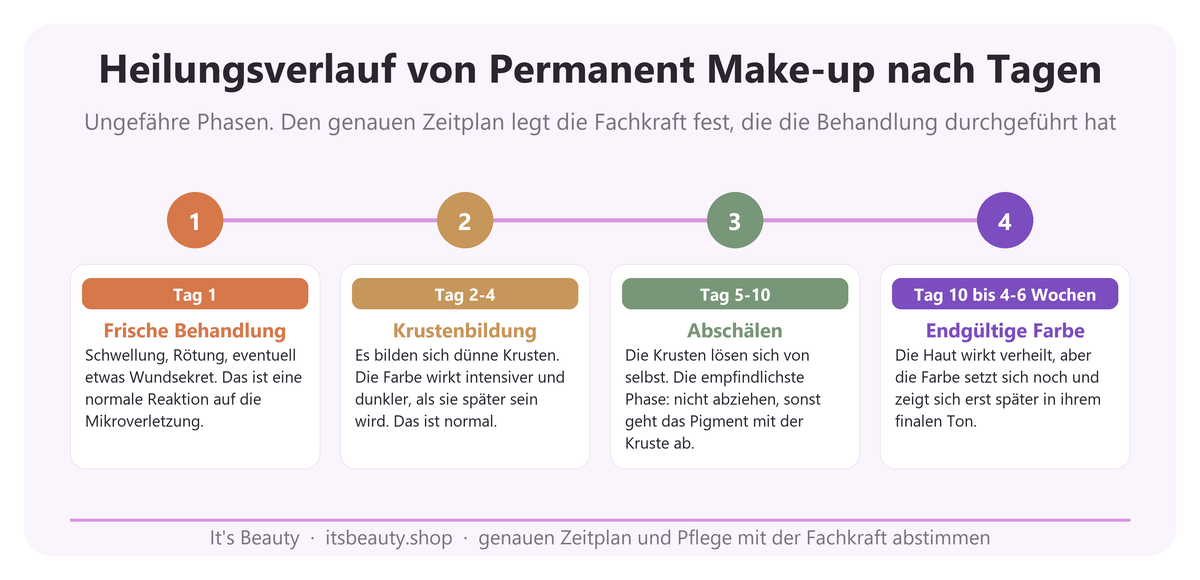 Heilungsverlauf von Permanent Make-up nach Tagen. Ungefähre Phasen. Den genauen Zeitplan legt die Fachkraft fest, die die Behandlung durchgeführt hat. 1 (Tag 1): Frische Behandlung: Schwellung, Rötung, eventuell etwas Wundsekret. Das ist eine normale Reaktion auf die Mikroverletzung. 2 (Tag 2-4): Krustenbildung: Es bilden sich dünne Krusten. Die Farbe wirkt intensiver und dunkler, als sie später sein wird. Das ist normal. 3 (Tag 5-10): Abschälen: Die Krusten lösen sich von selbst. Die empfindlichste Phase: nicht abziehen, sonst geht das Pigment mit der Kruste ab. 4 (Tag 10 bis 4-6 Wochen): Endgültige Farbe: Die Haut wirkt verheilt, aber die Farbe setzt sich noch und zeigt sich erst später in ihrem finalen Ton.