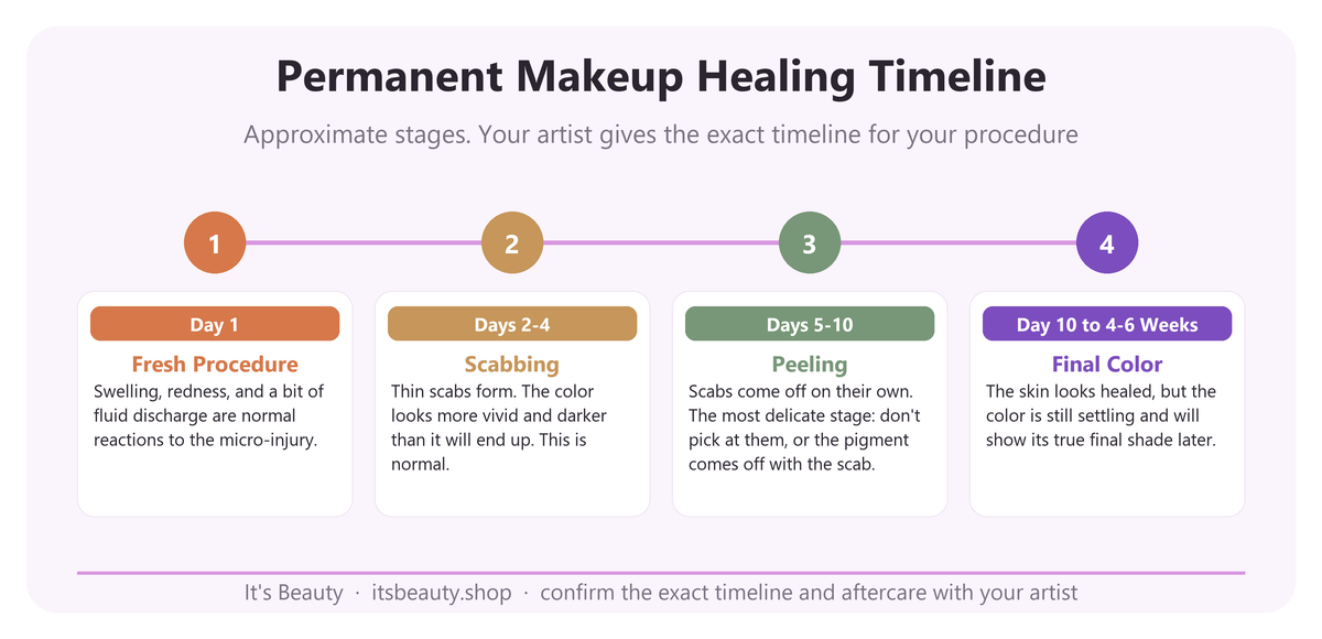 Permanent Makeup Healing Timeline. Approximate stages. Your artist gives the exact timeline for your procedure. 1 (Day 1): Fresh Procedure: Swelling, redness, and a bit of fluid discharge are normal reactions to the micro-injury. 2 (Days 2-4): Scabbing: Thin scabs form. The color looks more vivid and darker than it will end up. This is normal. 3 (Days 5-10): Peeling: Scabs come off on their own. The most delicate stage: don't pick at them, or the pigment comes off with the scab. 4 (Day 10 to 4-6 Weeks): Final Color: The skin looks healed, but the color is still settling and will show its true final shade later.