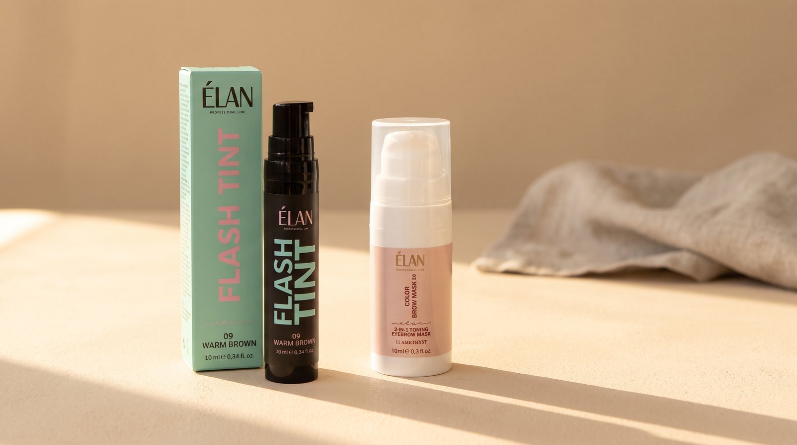 Produits Élan sans oxydant : Flash Tint 09 Warm Brown et le masque teintant Color Brow Mask 2.0 11 Amethyst