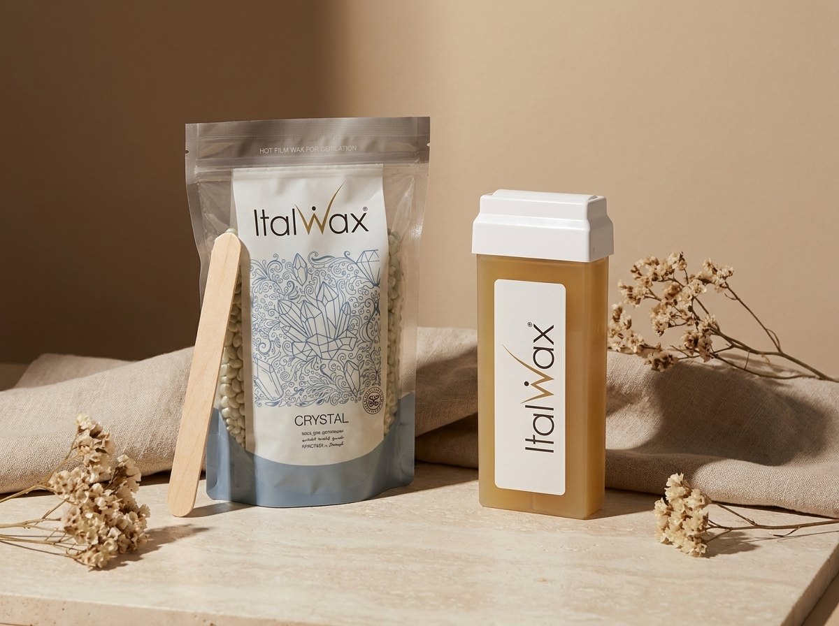 Два формати воску ItalWax поряд: пакет гранул зі шпателем і картридж для роликового воскоплава