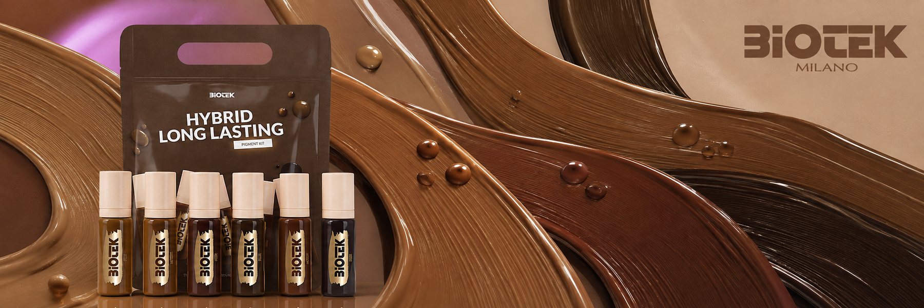 Ряд флаконів Biotek для брів, лінія Hybrid Long Lasting, з мазками теплих відтінків від блонду до темно-коричневого