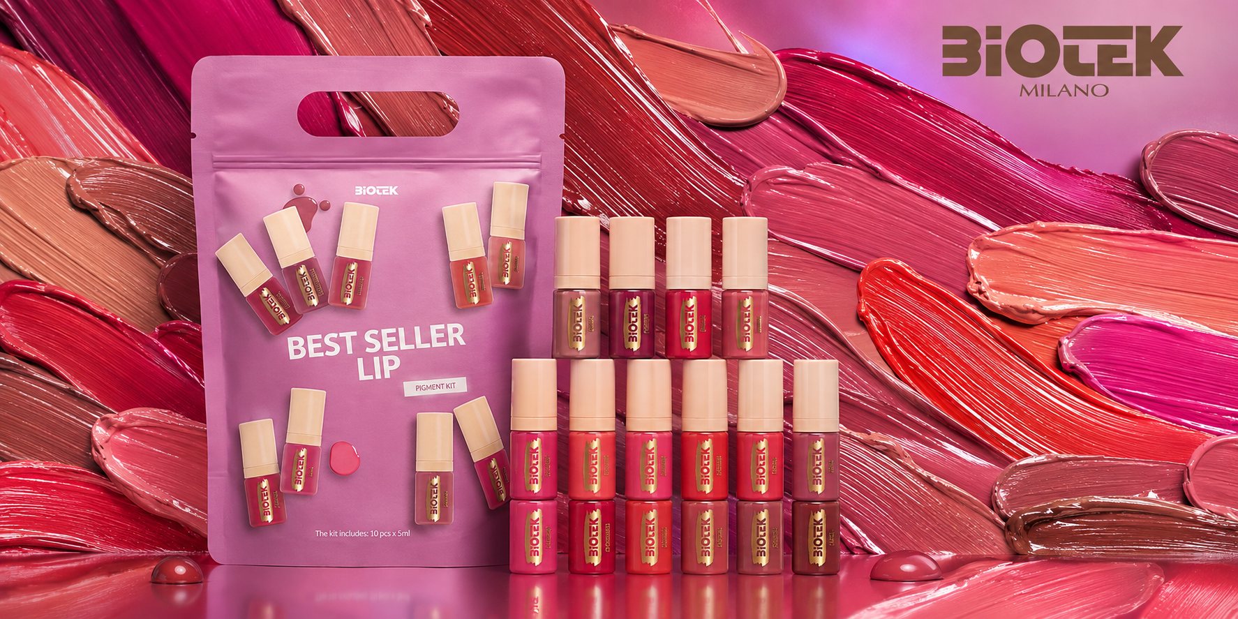 Ряд флаконів Biotek Best Seller Lip для губ з мазками рожевих, коралових і ягідних відтінків