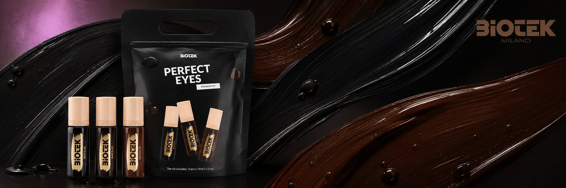 Ряд флаконів Biotek Perfect Eyes для повік і міжвійного простору з мазками глибоких чорно-коричневих відтінків