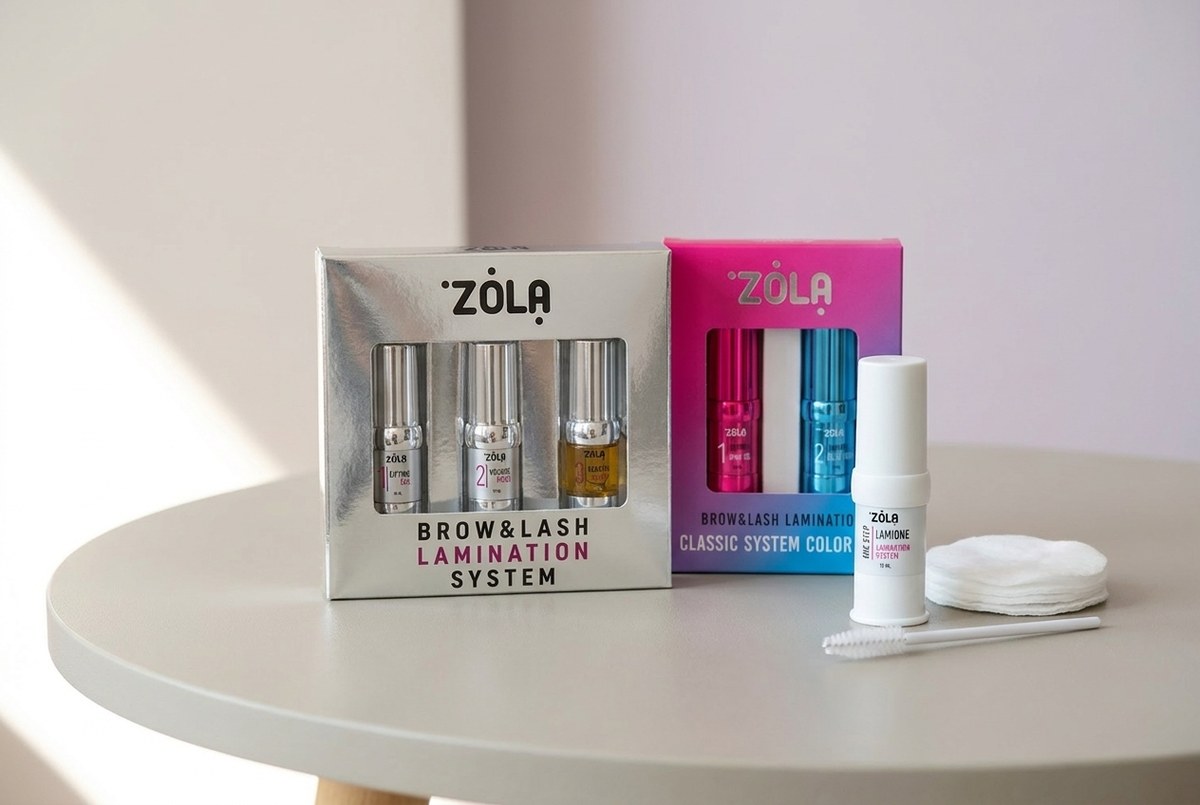 ZOLA Laminierungssets Brow&Lash Lamination System und Classic System Color Lab sowie eine Lamione One Step Flasche auf einem hellen Tisch neben Wattepads und einer Einwegbürste